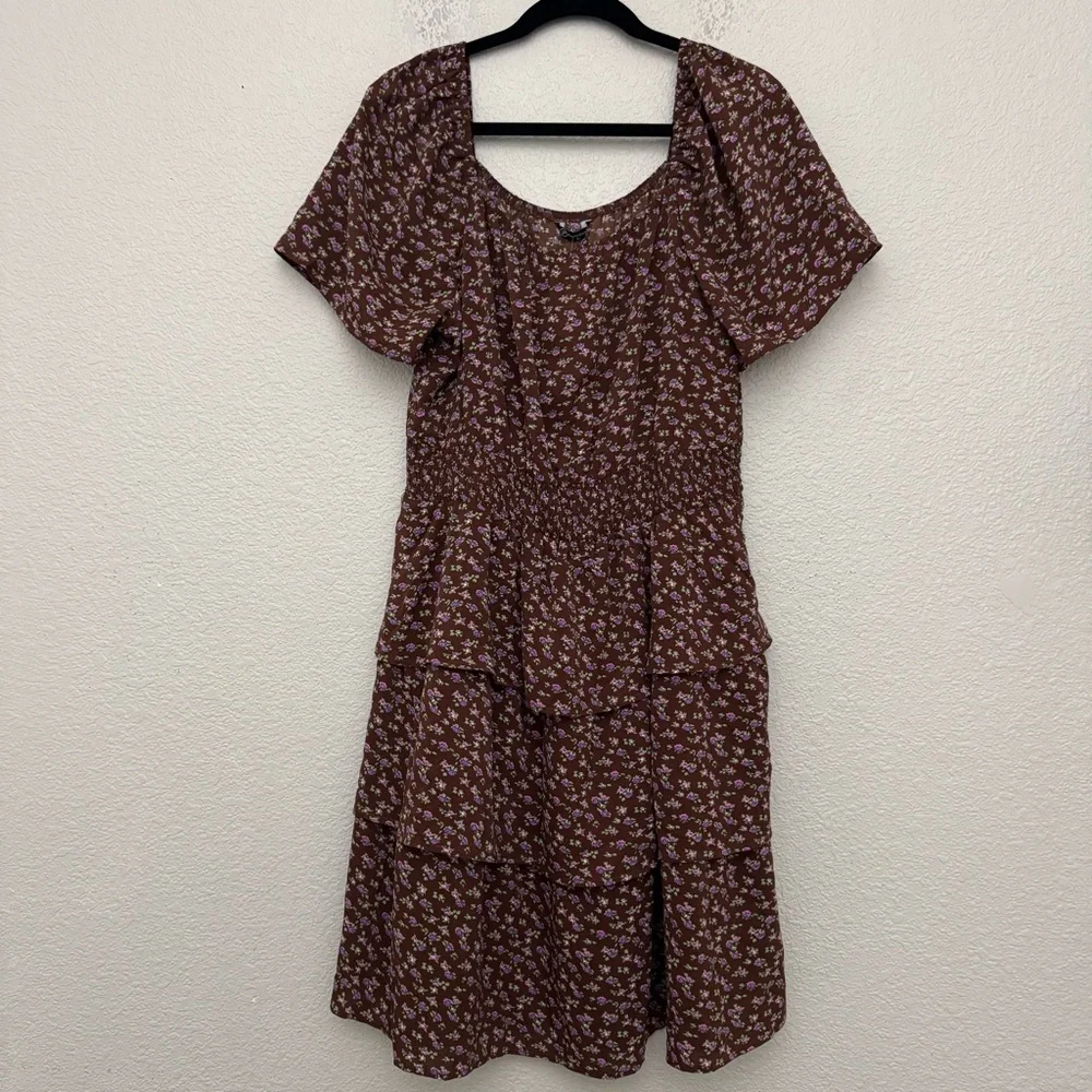 Pretty Garden Brown Floral Boho Swing Tiered Ruffle Summer Dress Size XL NWT - Picture 2 of 13